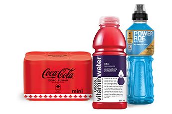 This image contains three products: Mini Coca-Cola cans, glucose vitamin water bottles, and Power Ade bottles.