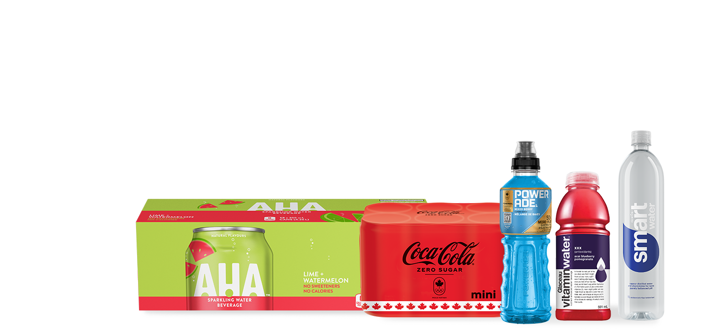 The following image contains the text: &quot;Your family could win lunches for a year with these products: Lime+ watermelon, Mini Coca-Cola Cans and glucose vitamin water bottles, and Smart water.
