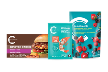 This image contains three Compliments products in boxes: Stuffed farcis, Pacific white shrimp cooked cuites, and Jumbleberry fruit blend.