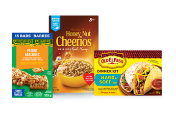 This image contains three products in boxes: Peanut Arachides, Honey-Nut Cheerios, and Old El Paso dinner kit.