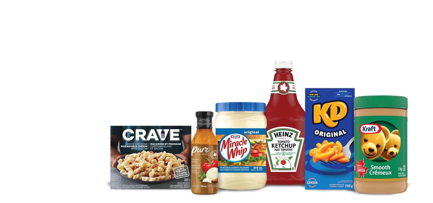 The following image contains the text: &quot;Your family could win lunches for a year with these products: Crave, Pure, Heinz Tomato Ketchup, Miracle Whip, KP Original and Kraft Smooth Cream.