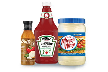 This image contains three kraft products in boxes: Pure, Heinz Tomato Ketchup, and Miracle Whip.